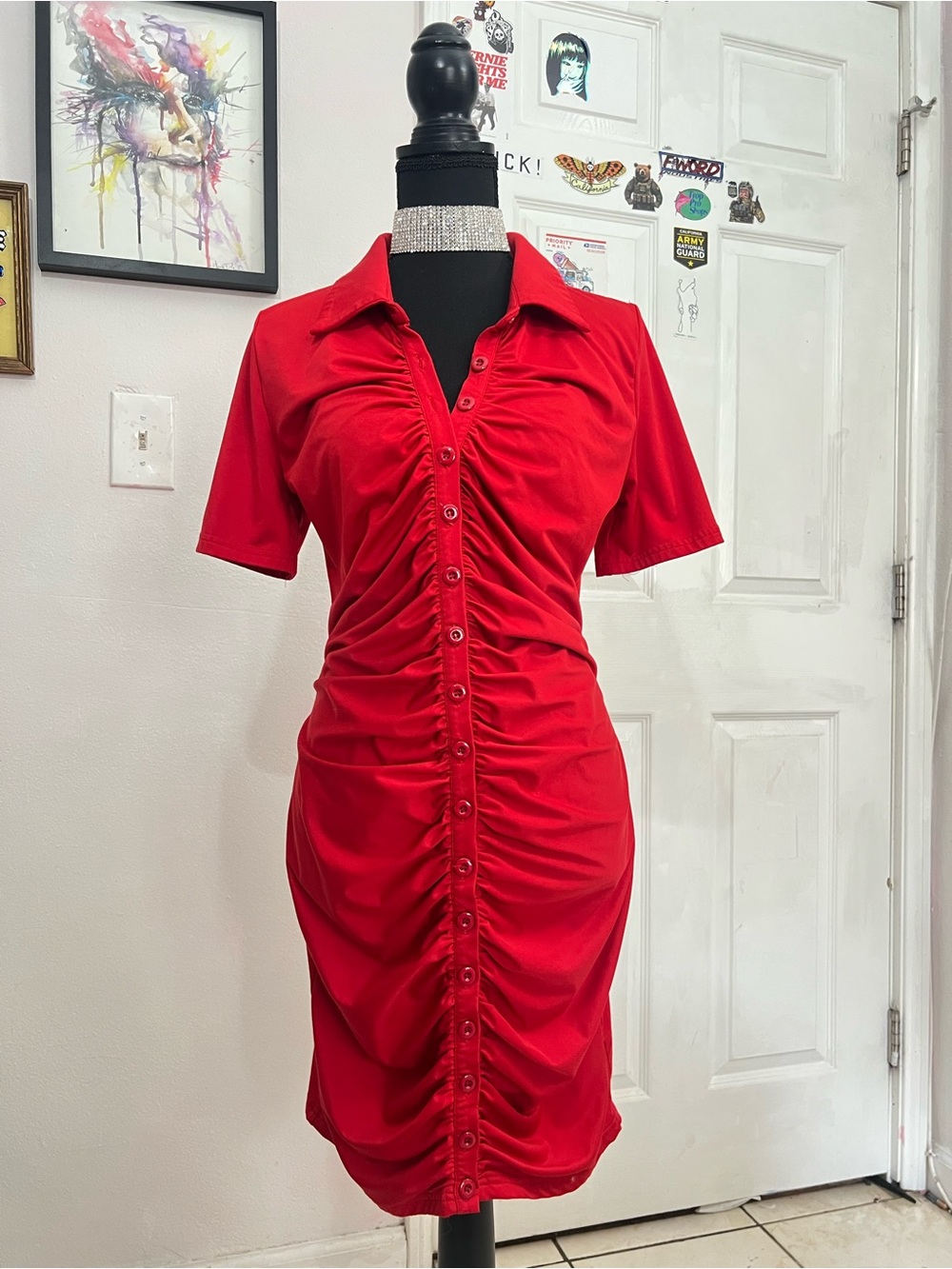 Red Ruched Button-Front Dress - Women